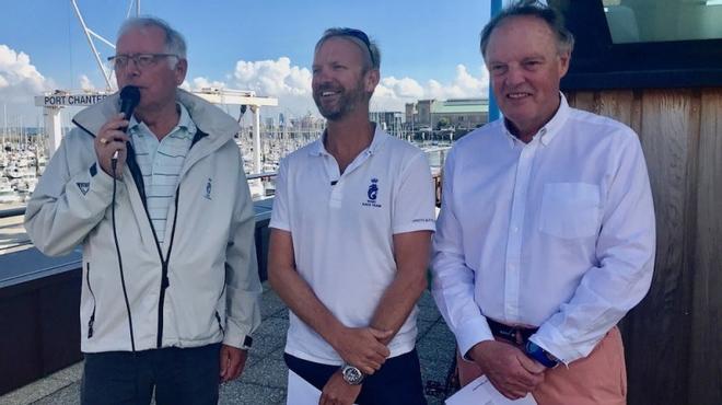 President of the Yacht Club de Cherbourg, Jean Le Carpentier, RORC Racing Manager Nick Elliott, and RORC Commodore Nick Elliott – RORC Cherbourg Race ©  Louay Habib / RORC